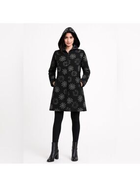 Desigual Hooded Fall Winter Pea Coat Embroidered Mid Length Zip Up Mid-Weight, M